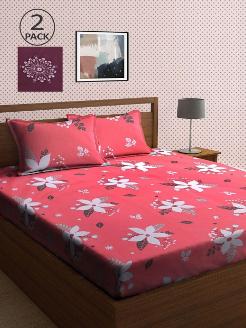 

KLOTTHE Red & Mauve Floral 210 TC 2 King Bedsheet with 4 Pillow Covers