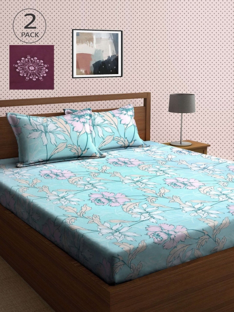 

KLOTTHE Purple & Blue Floral 210 TC 2 King Bedsheet with 4 Pillow Covers