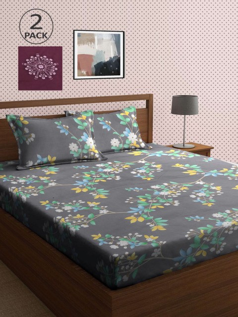 

KLOTTHE Purple & Grey Floral 210 TC 2 King Bedsheet with 4 Pillow Covers