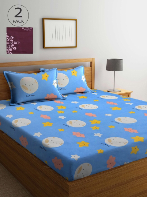

KLOTTHE Blue & Purple Graphic 210 TC 2 King Bedsheet with 4 Pillow Covers