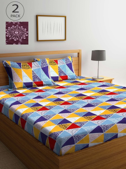 

KLOTTHE Blue & Purple Geometric 210 TC 2 King Bedsheet with 4 Pillow Covers