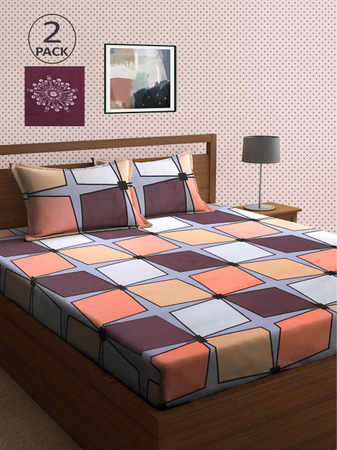 

KLOTTHE Violet & Orange Geometric 210 TC 2 King Bedsheet with 4 Pillow Covers