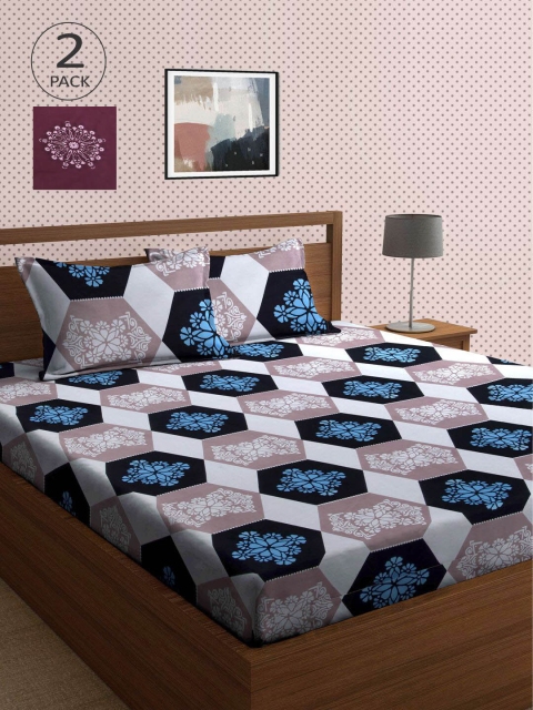 

KLOTTHE Blue & Burgundy Geometric 210 TC 2 King Bedsheet with 4 Pillow Covers