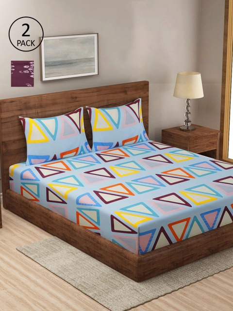 

KLOTTHE Violet & Blue Geometric 210 TC 2 King Bedsheet with 4 Pillow Covers