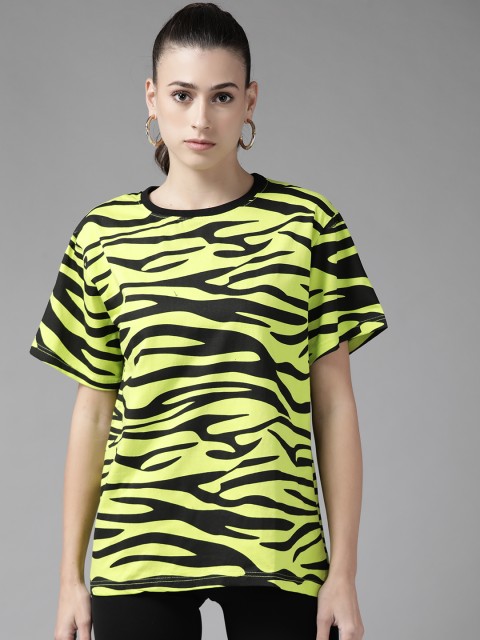 

THE DRY STATE Women Green & Black Pure Cotton Zebra Print T-shirt