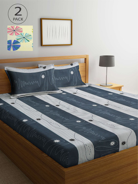 

KLOTTHE Grey & Yellow Striped 210 TC 2 King Bedsheet with 4 Pillow Covers