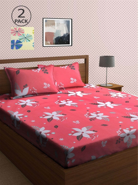 

KLOTTHE Coral & Yellow Floral 210 TC 2 King Bedsheet with 4 Pillow Covers
