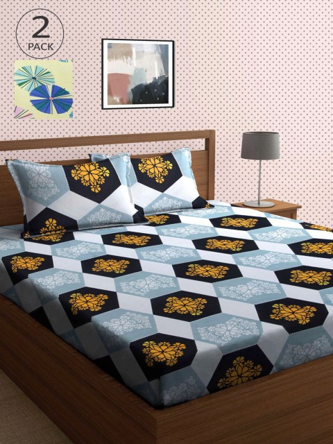 

KLOTTHE White & Yellow Geometric 210 TC 2 King Bedsheet with 4 Pillow Covers