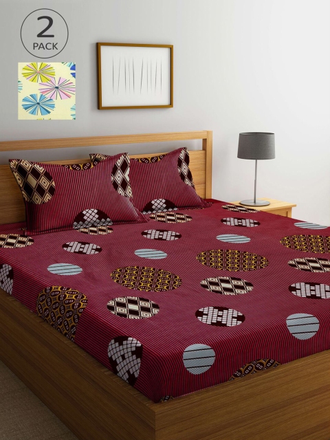 

KLOTTHE Maroon & Yellow Geometric 210 TC 2 King Bedsheet with 4 Pillow Covers