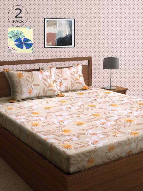 

KLOTTHE Beige & Yellow Floral 210 TC 2 King Bedsheet with 4 Pillow Covers