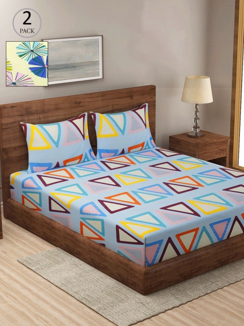 

KLOTTHE Blue & Yellow Geometric 210 TC 2 King Bedsheet with 4 Pillow Covers