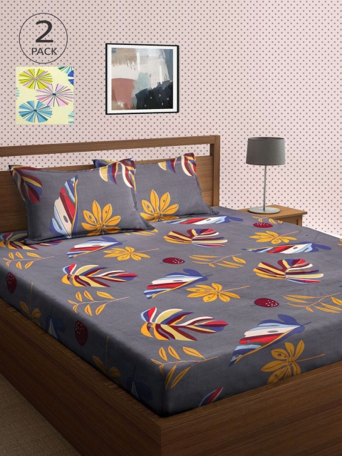 

KLOTTHE Yellow & Grey Floral 210 TC 2 King Bedsheet with 4 Pillow Covers