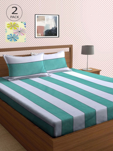 

KLOTTHE Blue & Yellow Striped 210 TC 2 King Bedsheet with 4 Pillow Covers