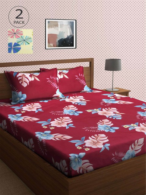 

KLOTTHE Set Of 2 210TC Double King Bedsheets With 4 Pillow Covers, Maroon