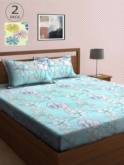 

KLOTTHE Yellow & Blue Floral 210 TC 2 King Bedsheet with 4 Pillow Covers