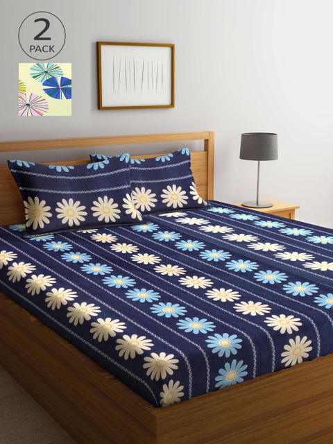

KLOTTHE Navy Blue & Yellow Floral 210 TC 2 King Bedsheet with 4 Pillow Covers