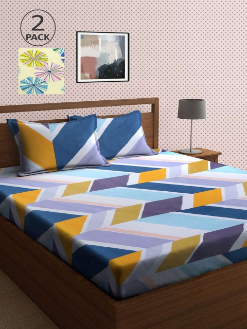 

KLOTTHE Set Of 2 210TC Double King Bedsheets With 4 Pillow Covers, Blue