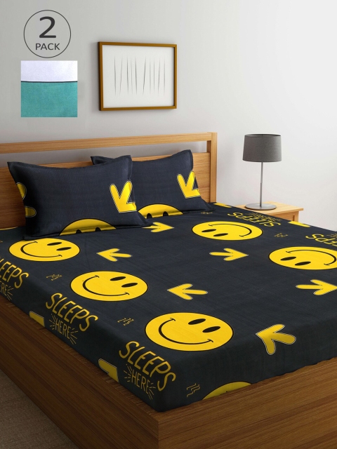 

KLOTTHE Green & Black Cartoon Characters 210 TC 2 King Bedsheet with 4 Pillow Covers