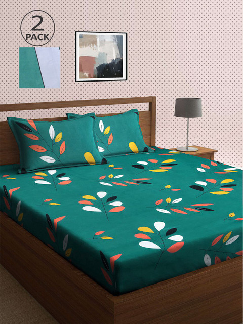 

KLOTTHE Teal & White Floral 210 TC 2 King Bedsheet with 4 Pillow Covers