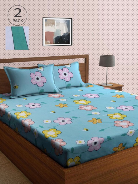 

KLOTTHE Blue & Pink Floral 210 TC 2 King Bedsheet with 4 Pillow Covers