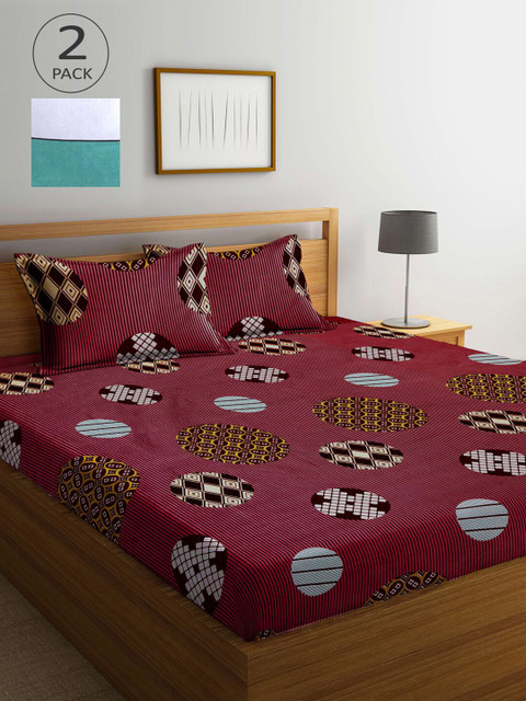

KLOTTHE Maroon & Green Geometric 210 TC 2 King Bedsheet with 4 Pillow Covers