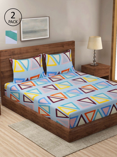 

KLOTTHE Blue & Brown Geometric 210 TC 2 King Bedsheet with 4 Pillow Covers
