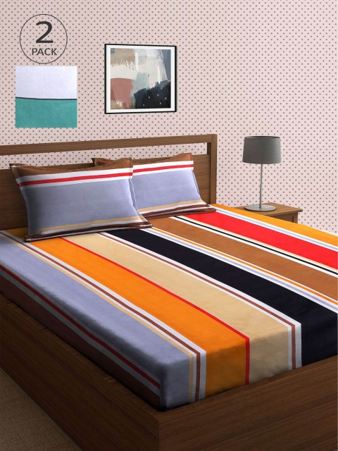 

KLOTTHE Orange & Green Striped 210 TC 2 King Bedsheet with 4 Pillow Covers