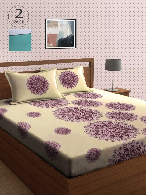 

KLOTTHE Grey & Cream-Coloured 210 TC 2 King Bedsheet with 4 Pillow Covers