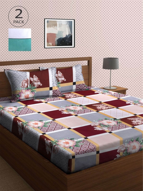 

KLOTTHE Grey & Green Floral 210 TC 2 King Bedsheet with 4 Pillow Covers