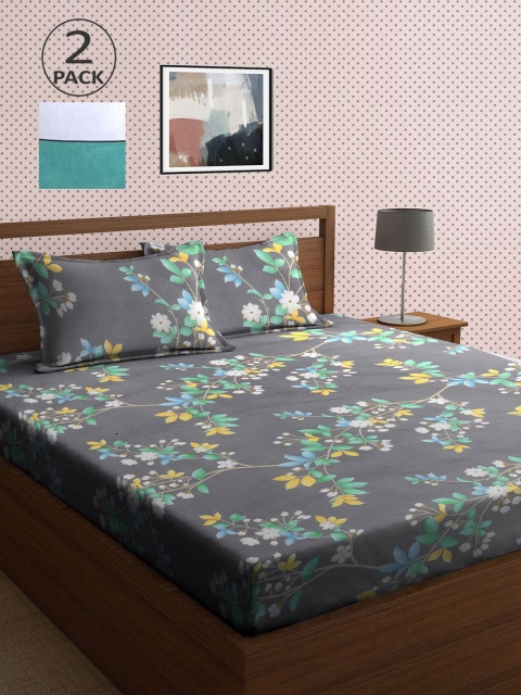

KLOTTHE Grey & Green Floral 210 TC 2 King Bedsheet with 4 Pillow Covers
