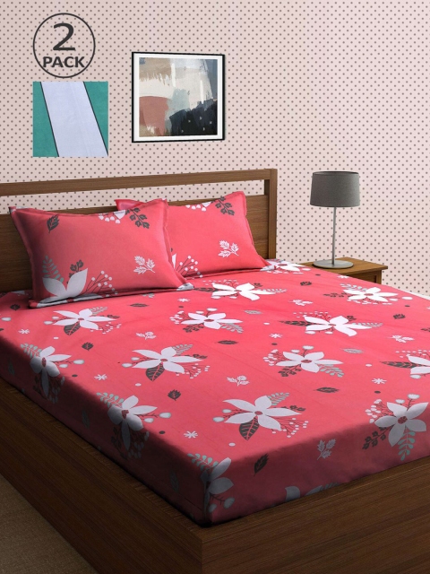 

KLOTTHE Pink & Green Floral 210 TC 2 King Bedsheet with 4 Pillow Covers