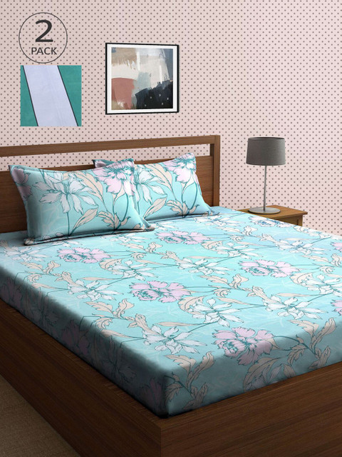 

KLOTTHE White & Green Floral 210 TC 2 King Bedsheet with 4 Pillow Covers