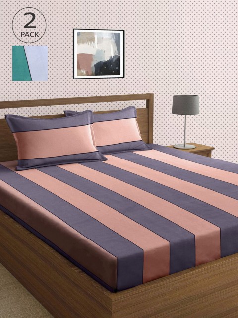 

KLOTTHE Grey & Green Striped 210 TC 2 King Bedsheet with 4 Pillow Covers