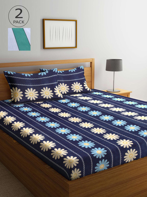 

KLOTTHE Navy Blue & Green Floral 210 TC 2 King Bedsheet with 4 Pillow Covers