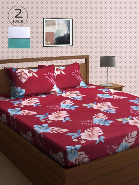 

KLOTTHE Green & Maroon Floral 210 TC 2 King Bedsheet with 4 Pillow Covers