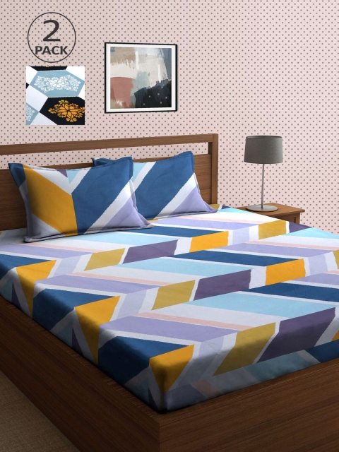 

KLOTTHE Set Of 2 210TC Double King Bedsheets With 4 Pillow Covers, Blue