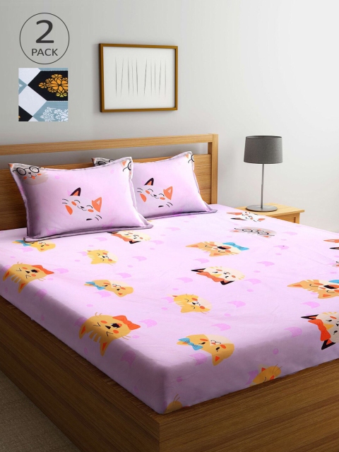 

KLOTTHE Pink & White Cartoon Characters 210 TC 2 King Bedsheet with 4 Pillow Covers