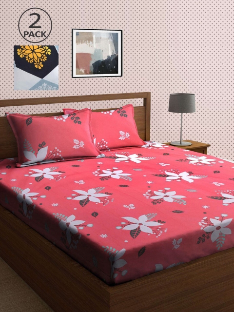 

KLOTTHE Coral & Grey Floral 210 TC 2 King Bedsheet with 4 Pillow Covers