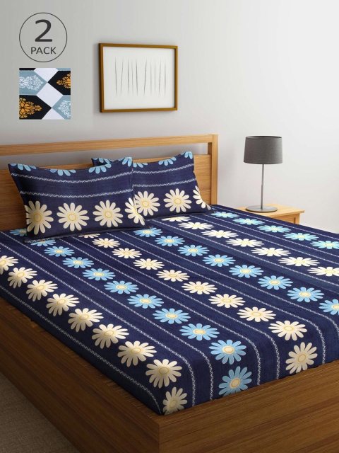 

KLOTTHE Set Of 2 210TC Double King Bedsheets With 4 Pillow Covers, Blue