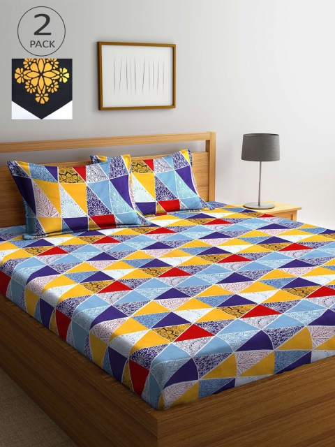 

KLOTTHE Blue & Black Geometric 210 TC 2 King Bedsheet with 4 Pillow Covers