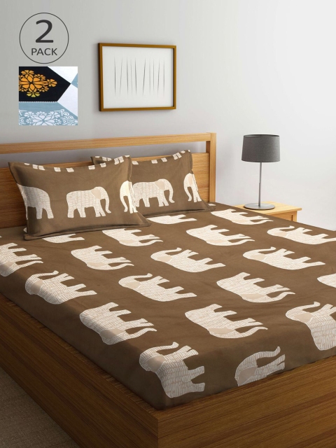 

KLOTTHE Brown & Grey Conversational 210 TC 2 King Bedsheet with 4 Pillow Covers