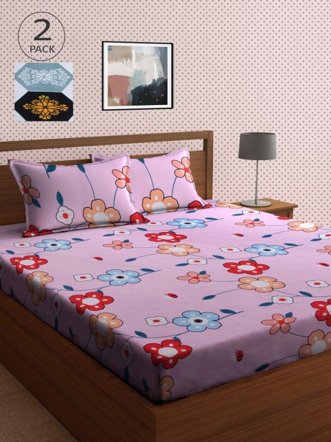 

KLOTTHE Pink & White Floral 210 TC 2 King Bedsheet with 4 Pillow Covers