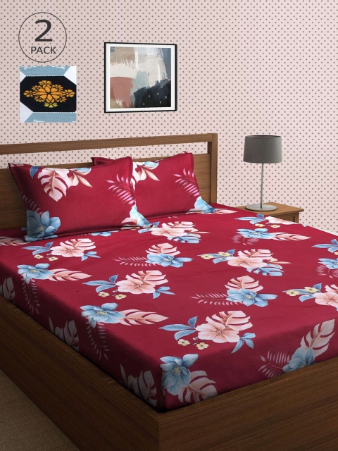 

KLOTTHE Maroon & White Floral 210 TC 2 King Bedsheet with 4 Pillow Covers