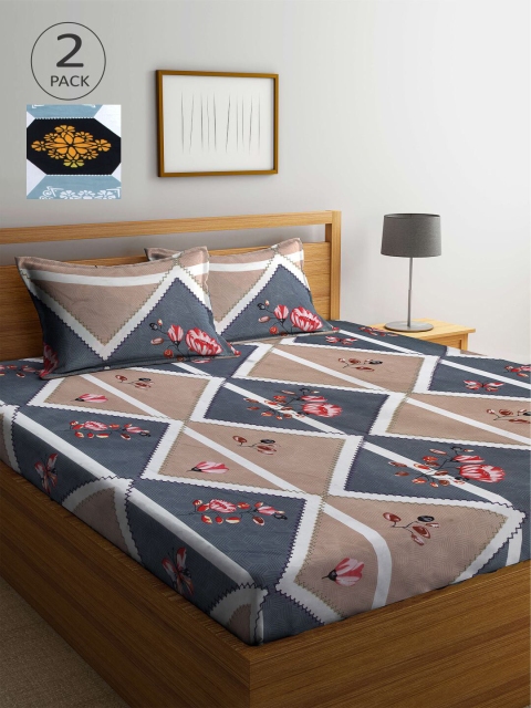 

KLOTTHE Grey & White Floral 210 TC 2 King Bedsheet with 4 Pillow Covers