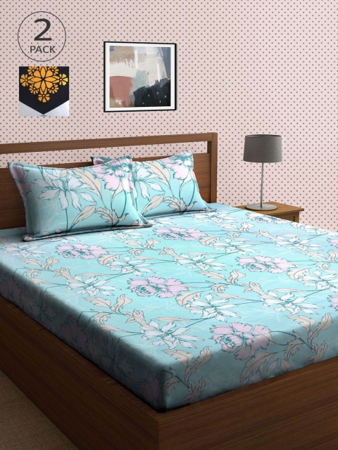 

KLOTTHE Blue & Grey Floral 210 TC 2 King Bedsheet with 4 Pillow Covers