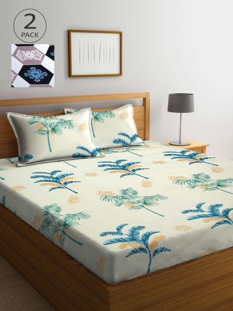 

KLOTTHE Off White & Blue Floral 210 TC 2 King Bedsheet with 4 Pillow Covers