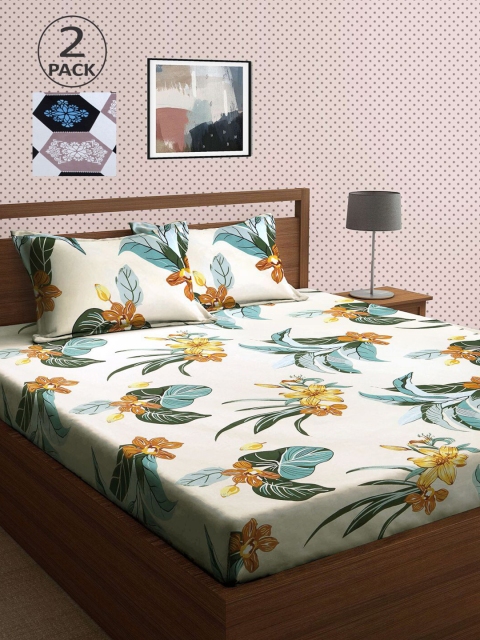 

KLOTTHE Cream-Coloured & White Floral 210 TC 2 King Bedsheet with 4 Pillow Covers
