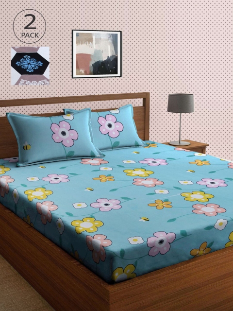 

KLOTTHE White & Blue Floral 210 TC 2 King Bedsheet with 4 Pillow Covers