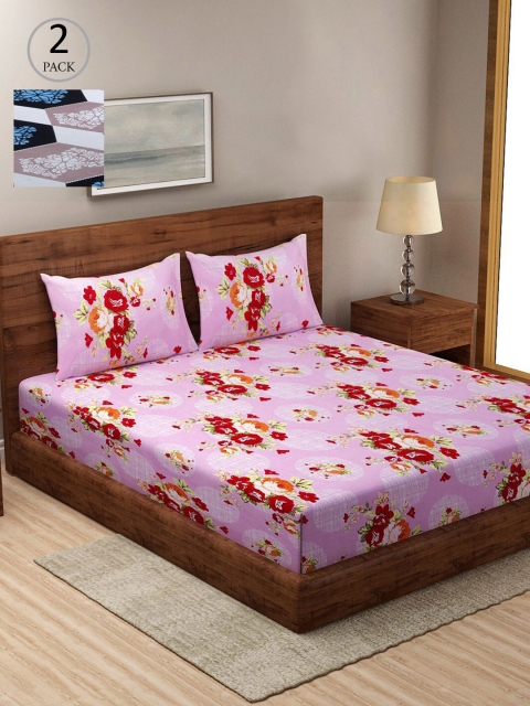 

KLOTTHE Pink & Grey Floral 210 TC 2 King Bedsheet with 4 Pillow Covers