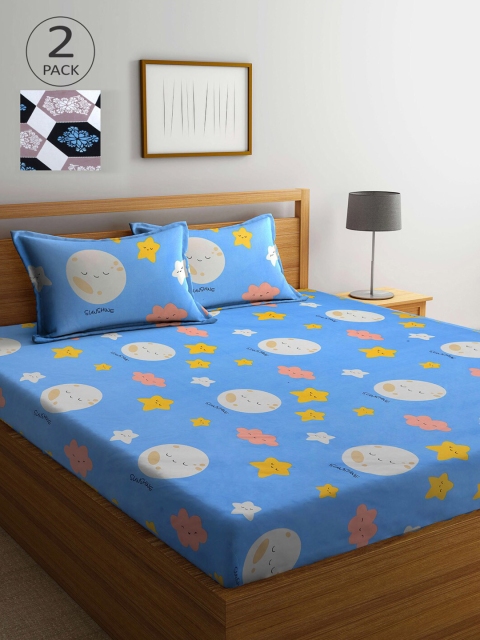 

KLOTTHE White & Blue Cartoon Characters 210 TC 2 King Bedsheet with 4 Pillow Covers